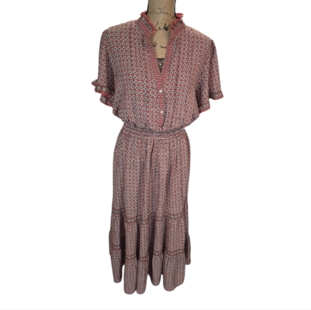 Boho Midi Dress Ruffle Neck Short Sleeve Geometric Print Smocked Waist